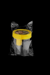 [108025012] Flacons pour urine 120 ml en PP avec bouchon à vis jaune, système d'aspiration pour tubes à vide, avec étiquette dépolie, emballage individuel cleanroom  ISO 8 - boîte de 250